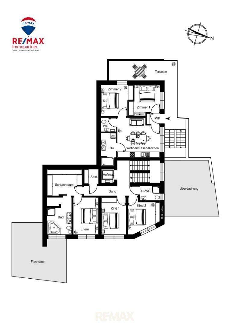 Grundrissplan des Obergeschosses mit Wohn-, Ess- und Kochbereich sowie Terrasse.