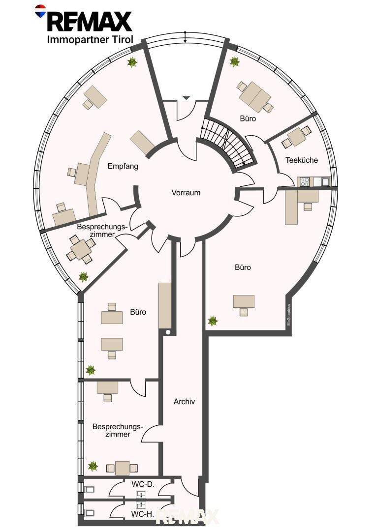 Grundriss eines Bürogebäudes mit kreisförmigem Layout, Empfangsbereich und mehreren Büros.