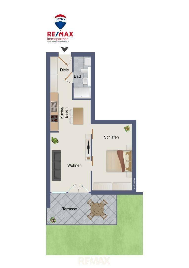 Detaillierter Grundriss einer Wohnung mit offener Küche, Wohnbereich, Schlafzimmer und Terrasse.