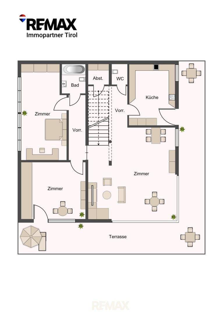 Detaillierter Grundriss einer Wohnung mit mehreren Zimmern, Bad, WC, Küche und Terrasse.