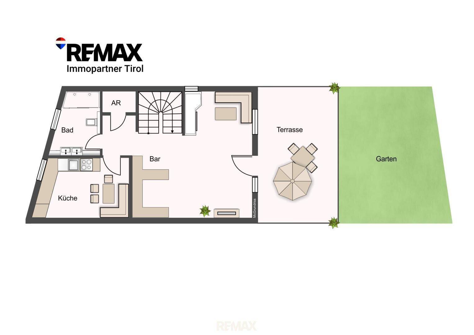Grundriss des Erdgeschosses mit Küche, Bad, Terrasse und Gartenbereich.