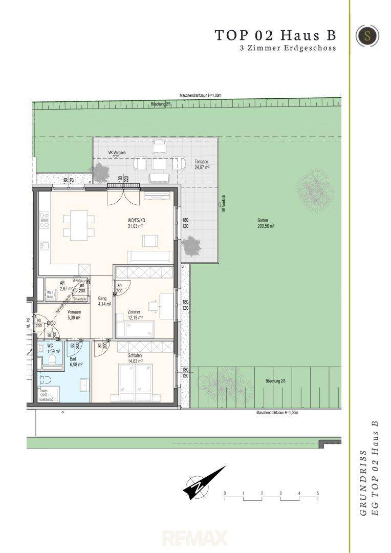 Grundriss des Erdgeschosses mit offenem Wohn-Essbereich, zwei Schlafzimmern, Bad, separatem WC, großer Terrasse und Garten.