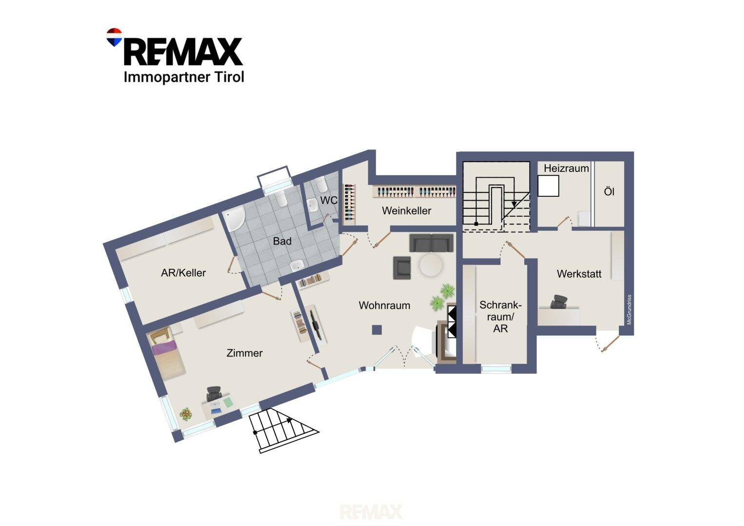 Grundriss des Untergeschosses mit Zimmer, Wohnraum, Bad, WC, Weinkeller, Abstellraum und Heizraum.