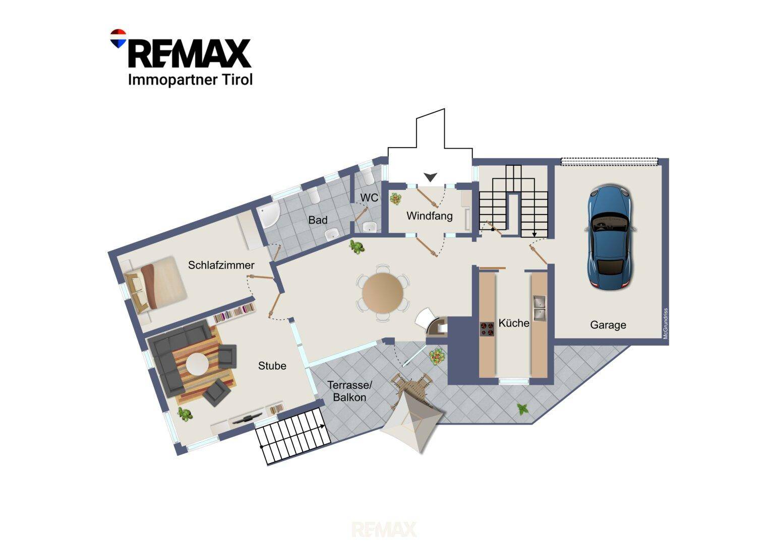 Grundriss des Erdgeschosses mit Schlafzimmer, Wohnzimmer, Küche, Bad, WC, Garage und Terrasse/Balkon.