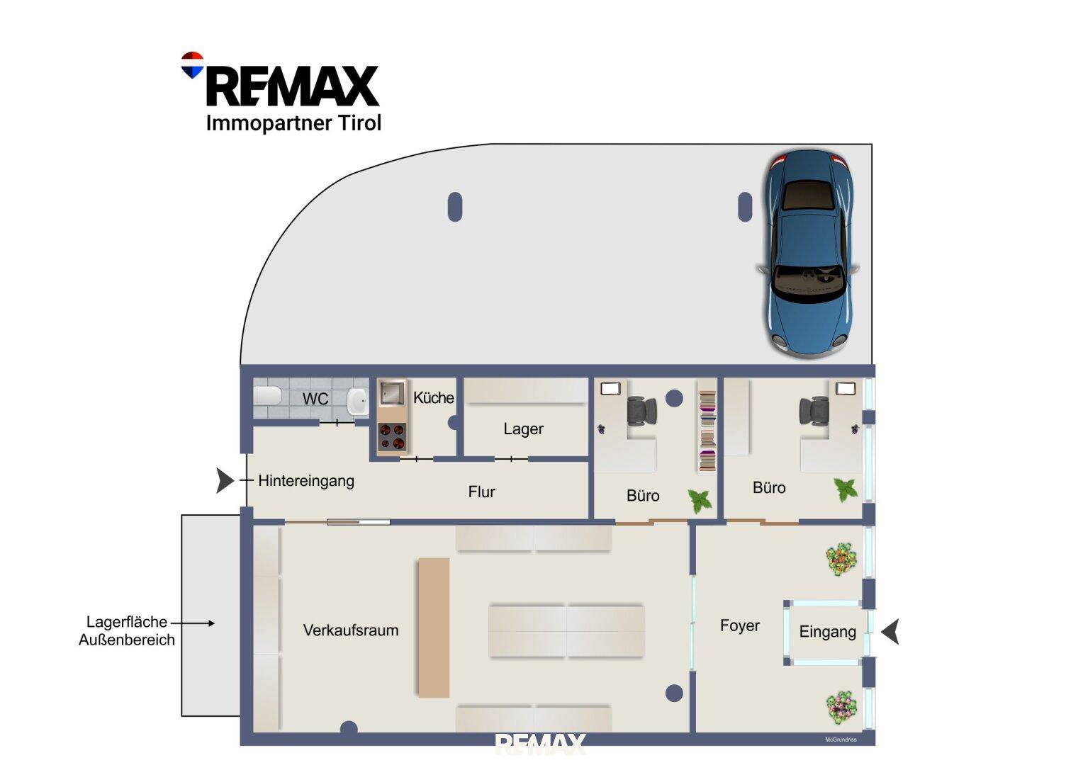 Grundriss eines Gewerbeobjekts mit Verkaufsraum, zwei Büros, Küche, WC, Lager und Außenparkplatz.