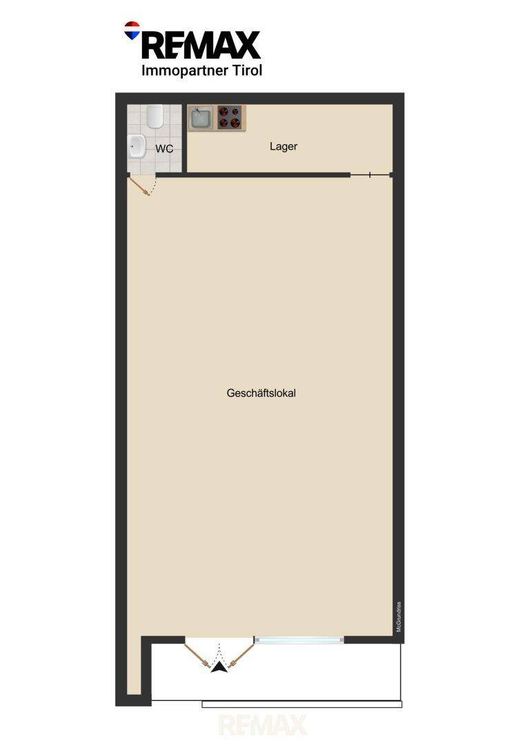 Grundrissplan eines Geschäftslokals mit Lagerbereich und separatem WC.