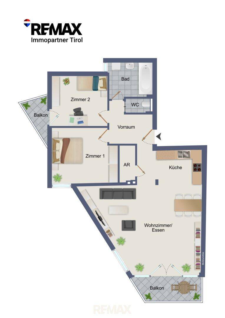 Detaillierter Grundriss einer Wohnung mit zwei Schlafzimmern, Bad und zwei Balkonen.