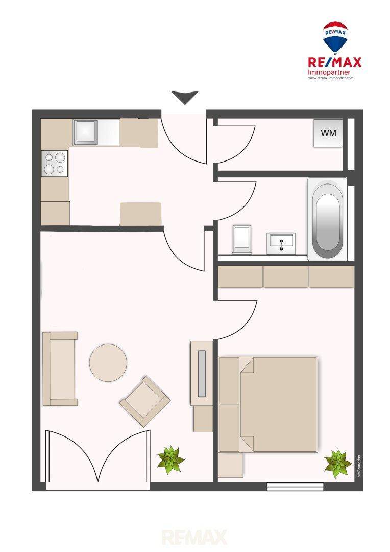 Grundriss einer Wohnung mit Schlafzimmer, Wohnbereich, Küche und Badezimmer.
