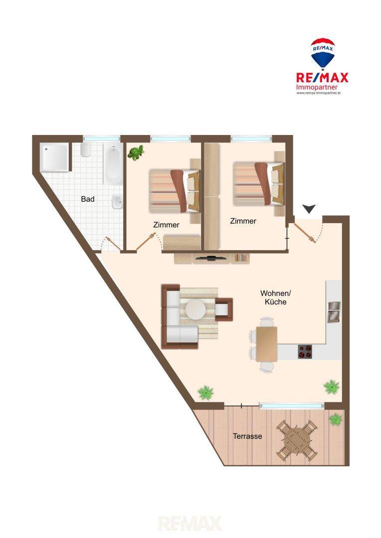Grundriss einer Wohnung mit zwei Zimmern, Bad, Wohnküche und Terrasse.