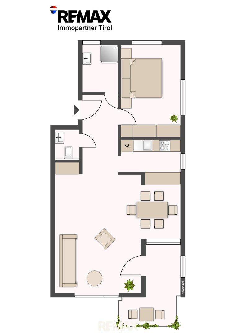 Grundriss einer Wohnung mit Schlafzimmer, Bad, Küche und offenem Wohn-Essbereich.