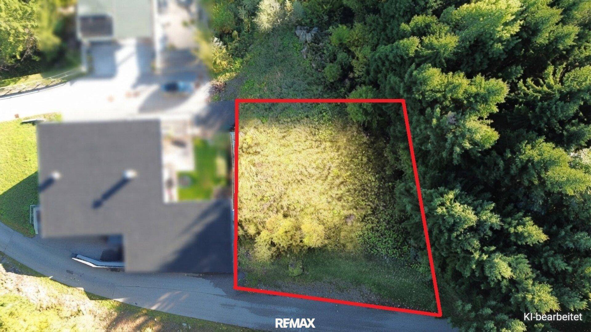 Luftaufnahme eines unbebauten Grundstücks, rot markiert, angrenzend an Wald und eine Straße.