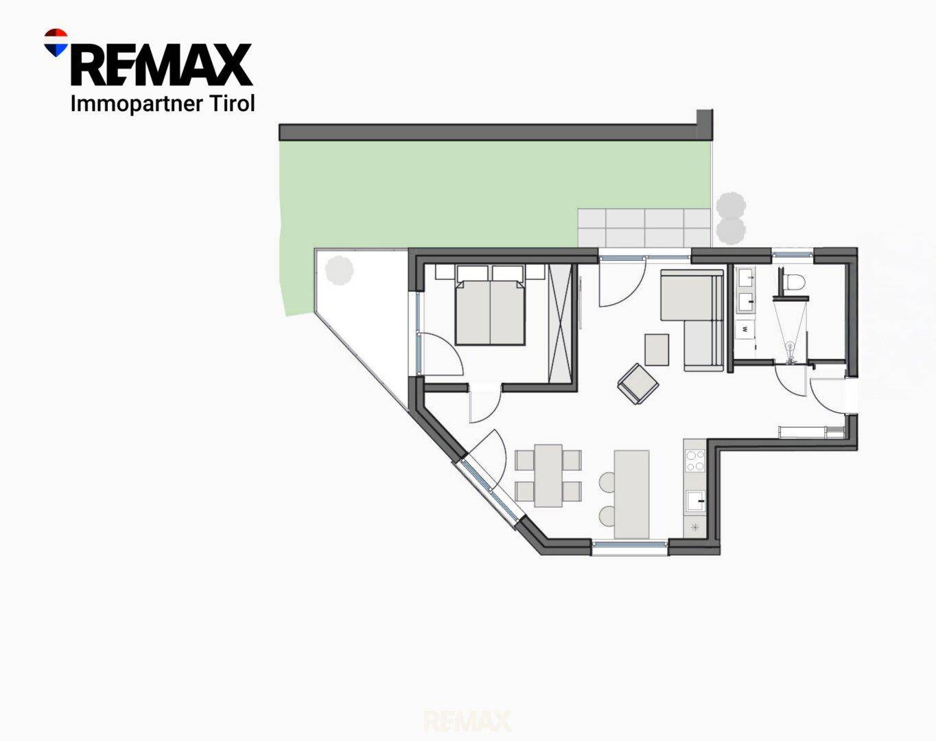 Grundriss einer Wohnung mit Schlafzimmer, offenem Wohnbereich und angeschlossenem Garten.