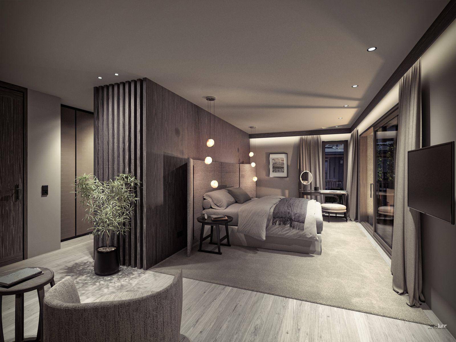 Elegantes Schlafzimmer mit dunklen Holzelementen, Teppichboden und Zugang zu einem Außenbereich.