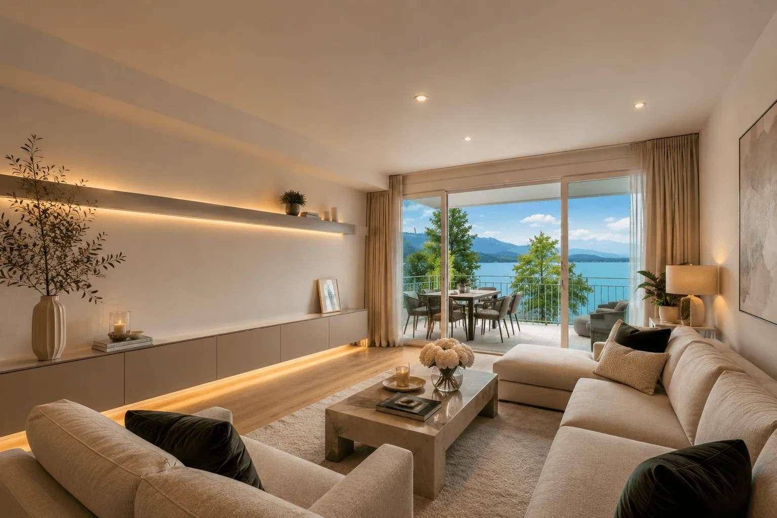 Helles Wohnzimmer mit modernem Design, Seeblick und Zugang zu einer geräumigen Terrasse.