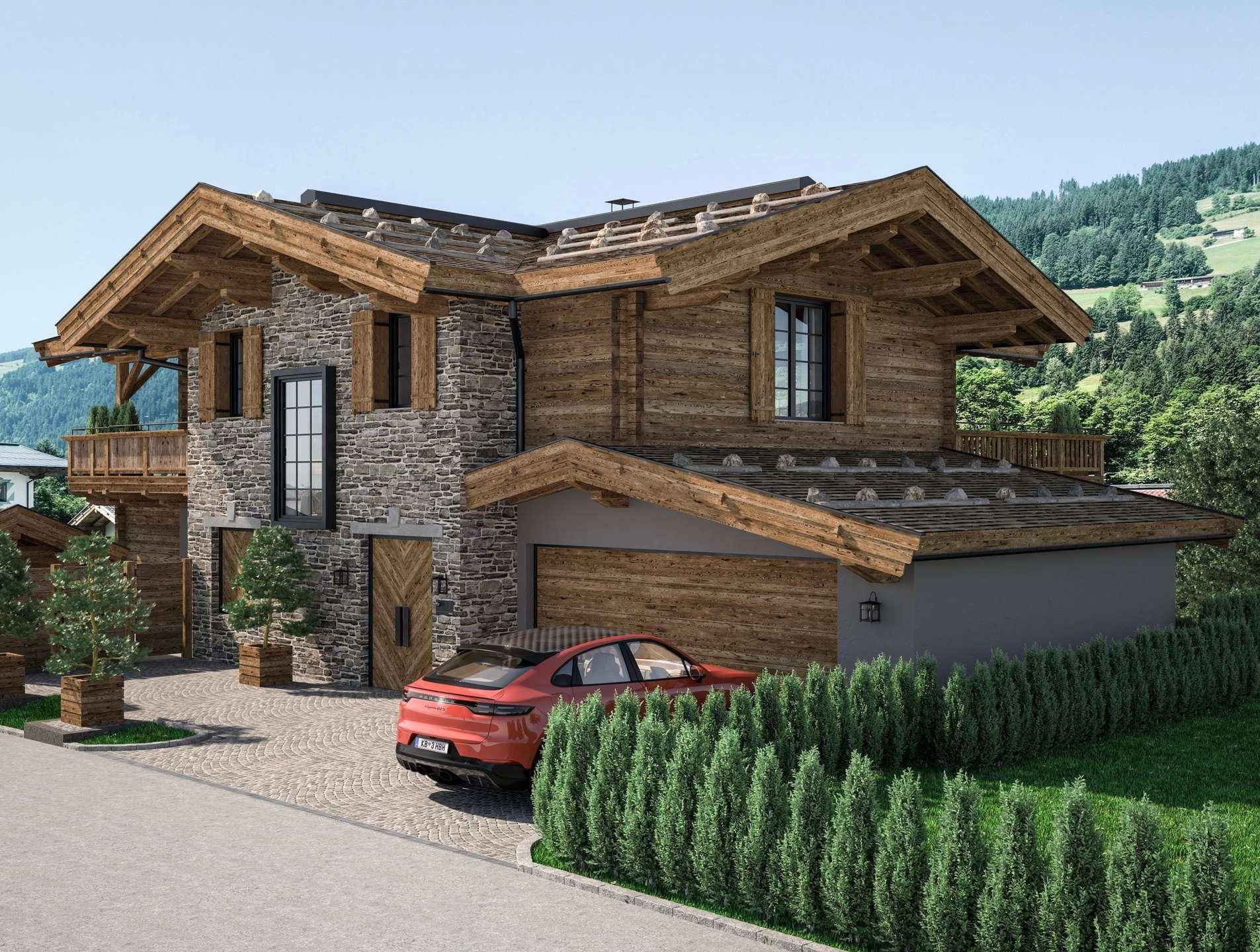 Rendering der Chalet-Fassade mit integrierter Garage und gepflasterter Auffahrt in bergiger Landschaft.