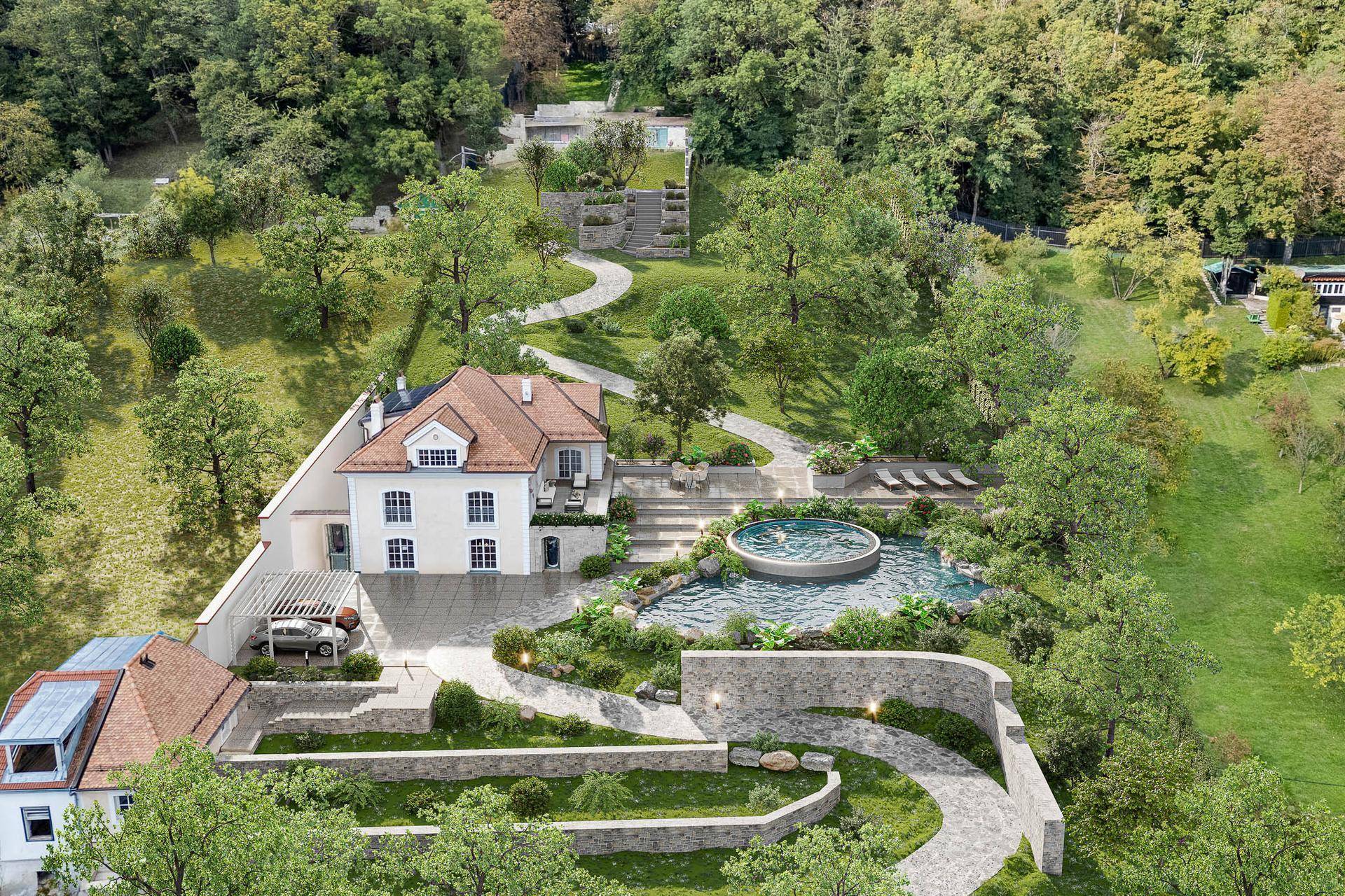 Luxuriöser Gartenbereich mit Pool, Terrassen und aufwendiger Landschaftsgestaltung.