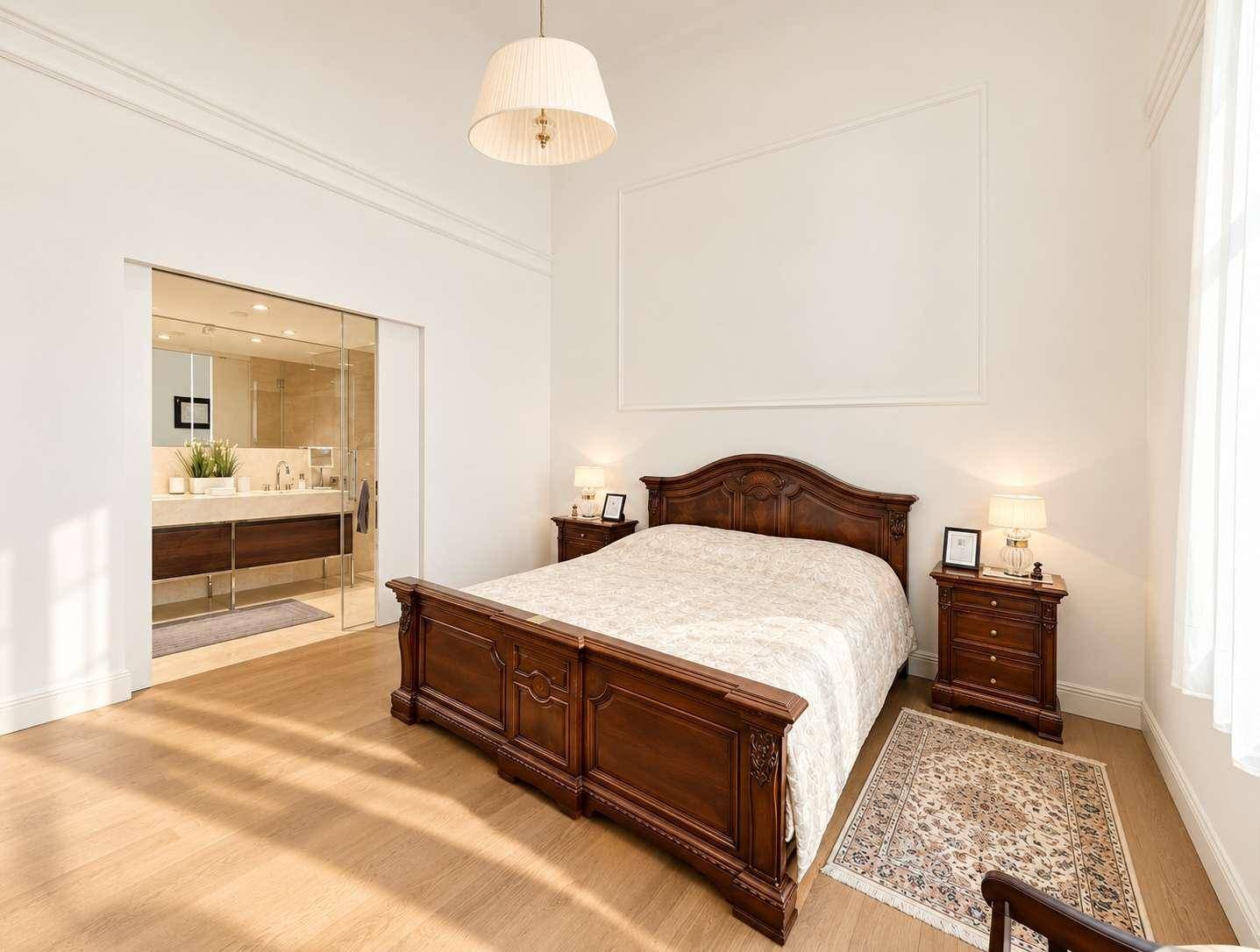 Helles Schlafzimmer mit klassischem Holzbett, Parkettboden und direktem Zugang zum modernen Badezimmer.