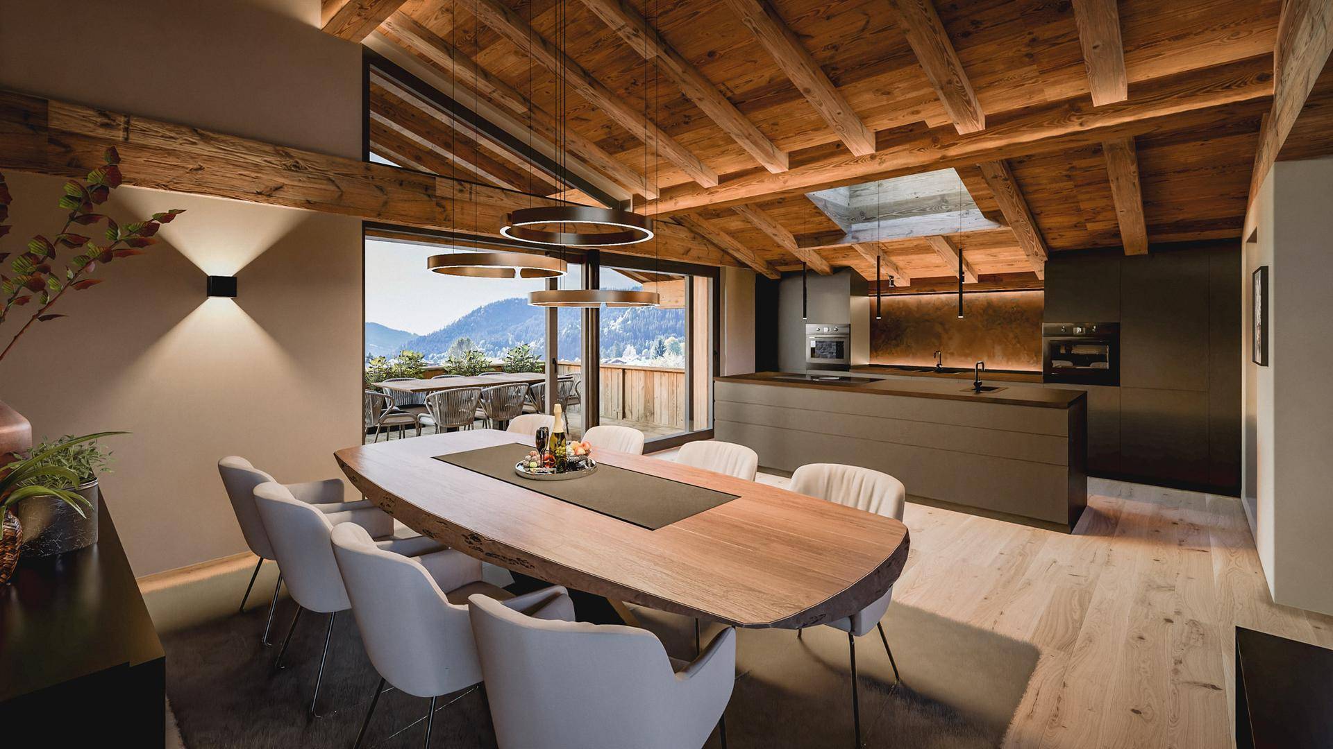 Eleganter Essbereich mit Holztisch und offener Küche unter einer beeindruckenden Holzbalkendecke.