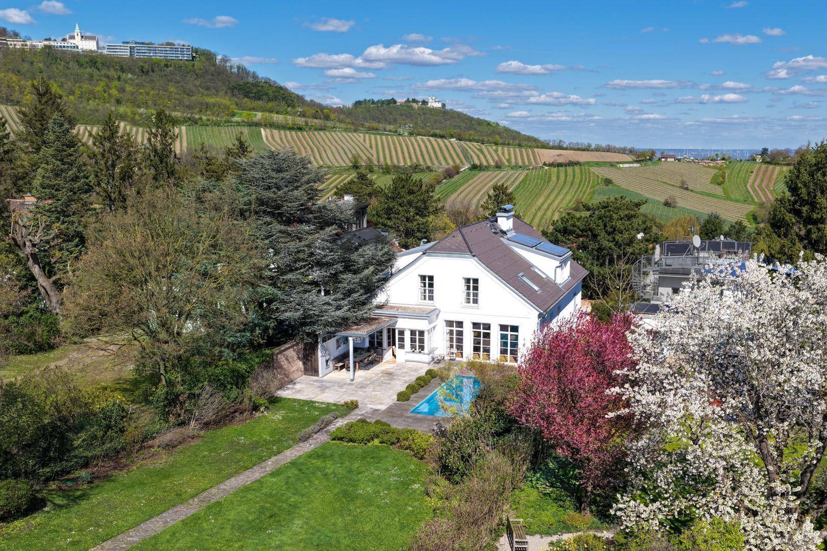 Luftaufnahme des Anwesens mit Pool, weitläufigem Garten und Blick auf Weinberge und Hügel.