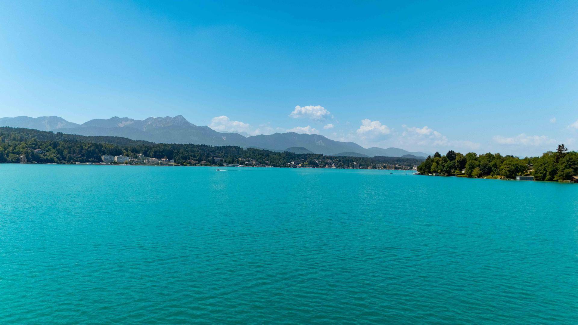 Panoramablick auf den weiten See mit Bergen und bewaldeten Ufern in der Ferne.