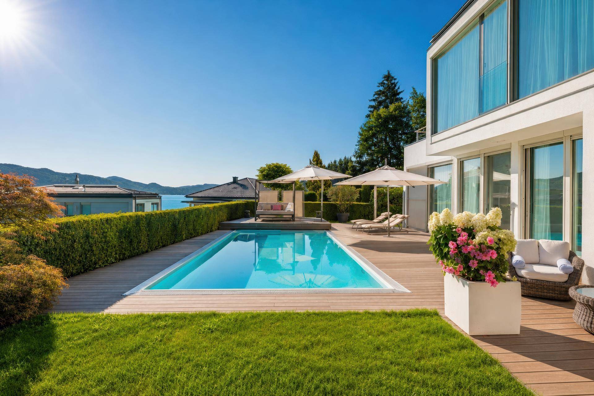 Moderner Außenbereich mit privatem Pool, großer Holzterrasse, gepflegtem Rasen und Seeblick.