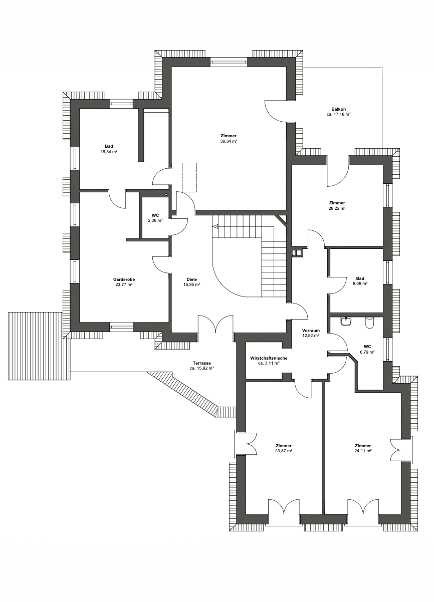 Grundriss des Obergeschosses mit mehreren Schlafzimmern, Bädern und einem Balkon.