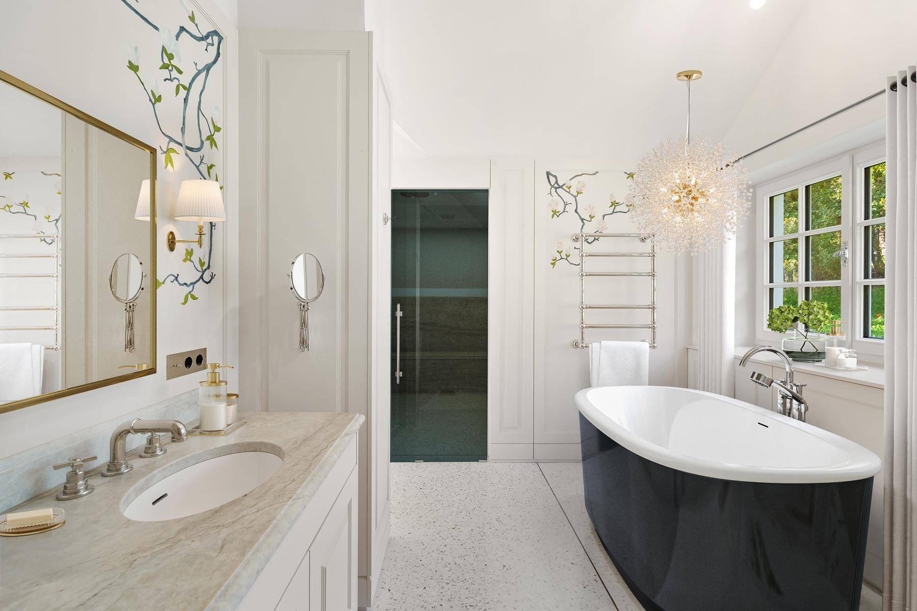 Elegantes Badezimmer mit freistehender Badewanne, Doppelwaschbecken und Fenster für Tageslicht.