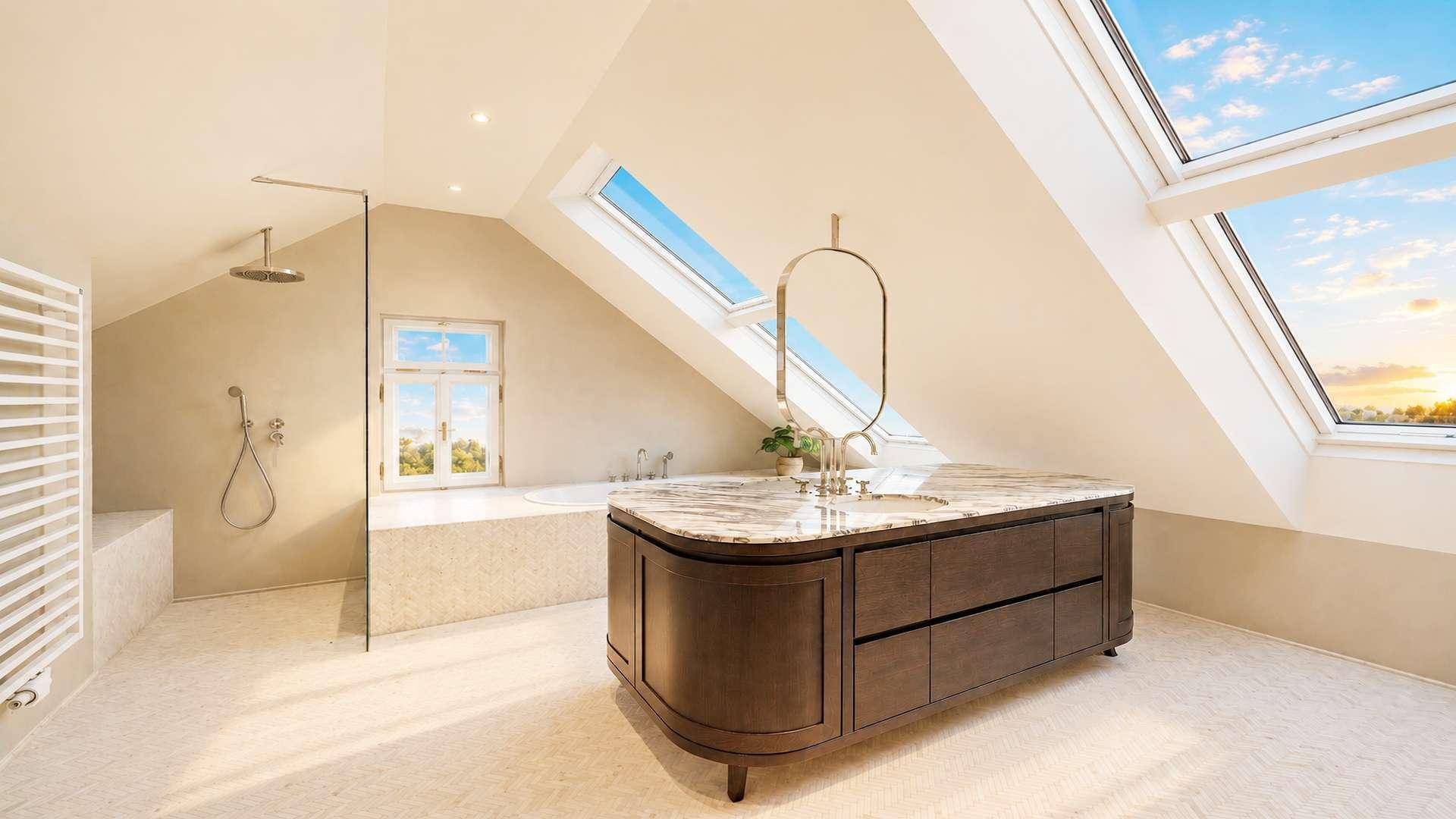 Modernes Dachgeschossbad mit Dachfenstern, freistehendem Waschtisch, Badewanne und begehbarer Dusche.