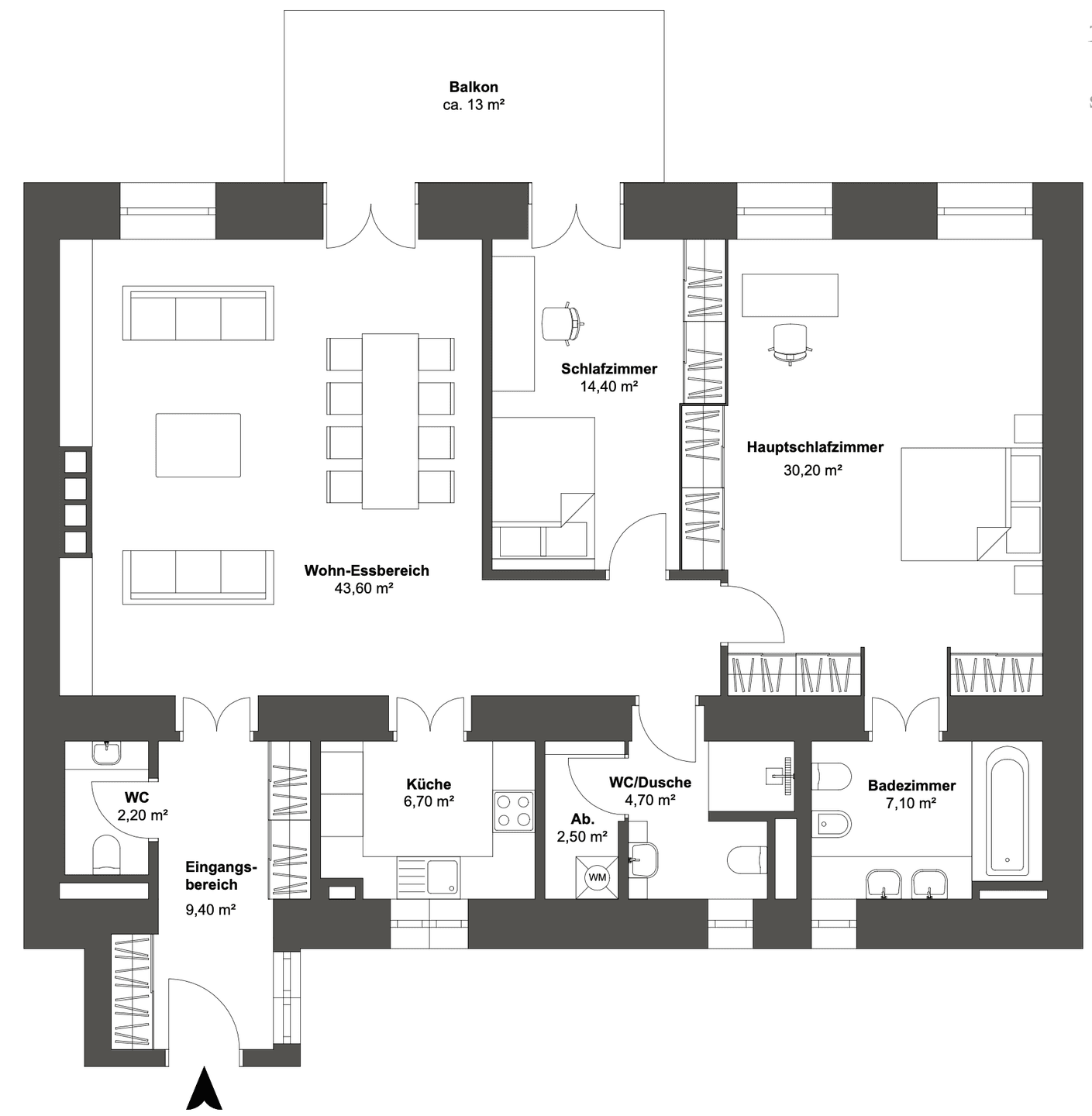 Detaillierter Grundriss der Wohnung mit Wohn-Essbereich, zwei Schlafzimmern und Balkon.