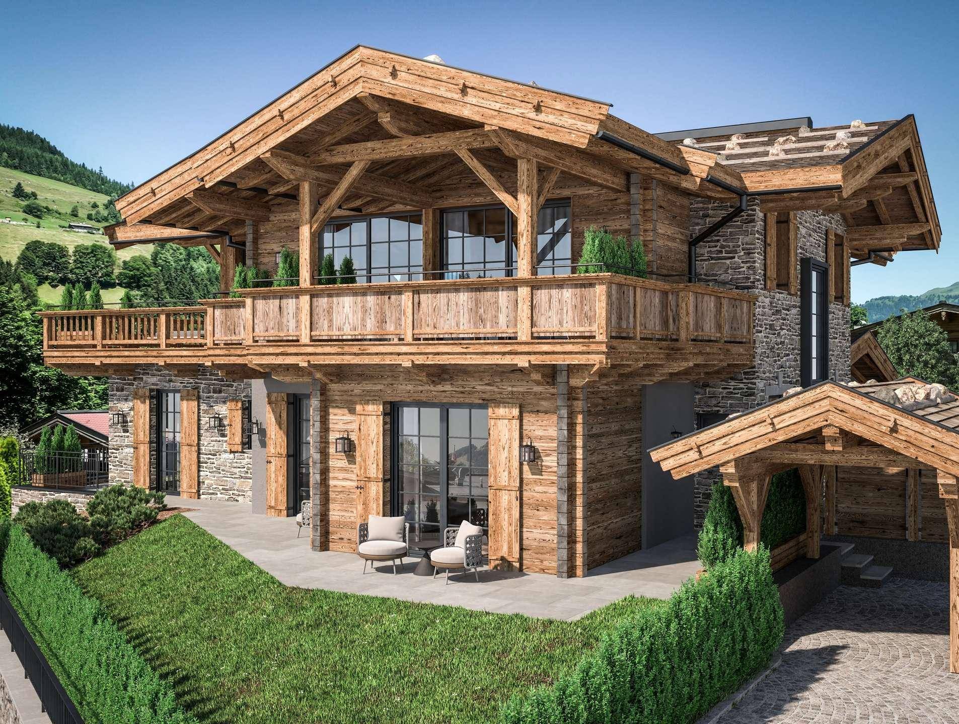 Visualisierung des Chalets mit einer ebenerdigen Terrasse, Sitzgelegenheiten und gepflegtem Rasenbereich.