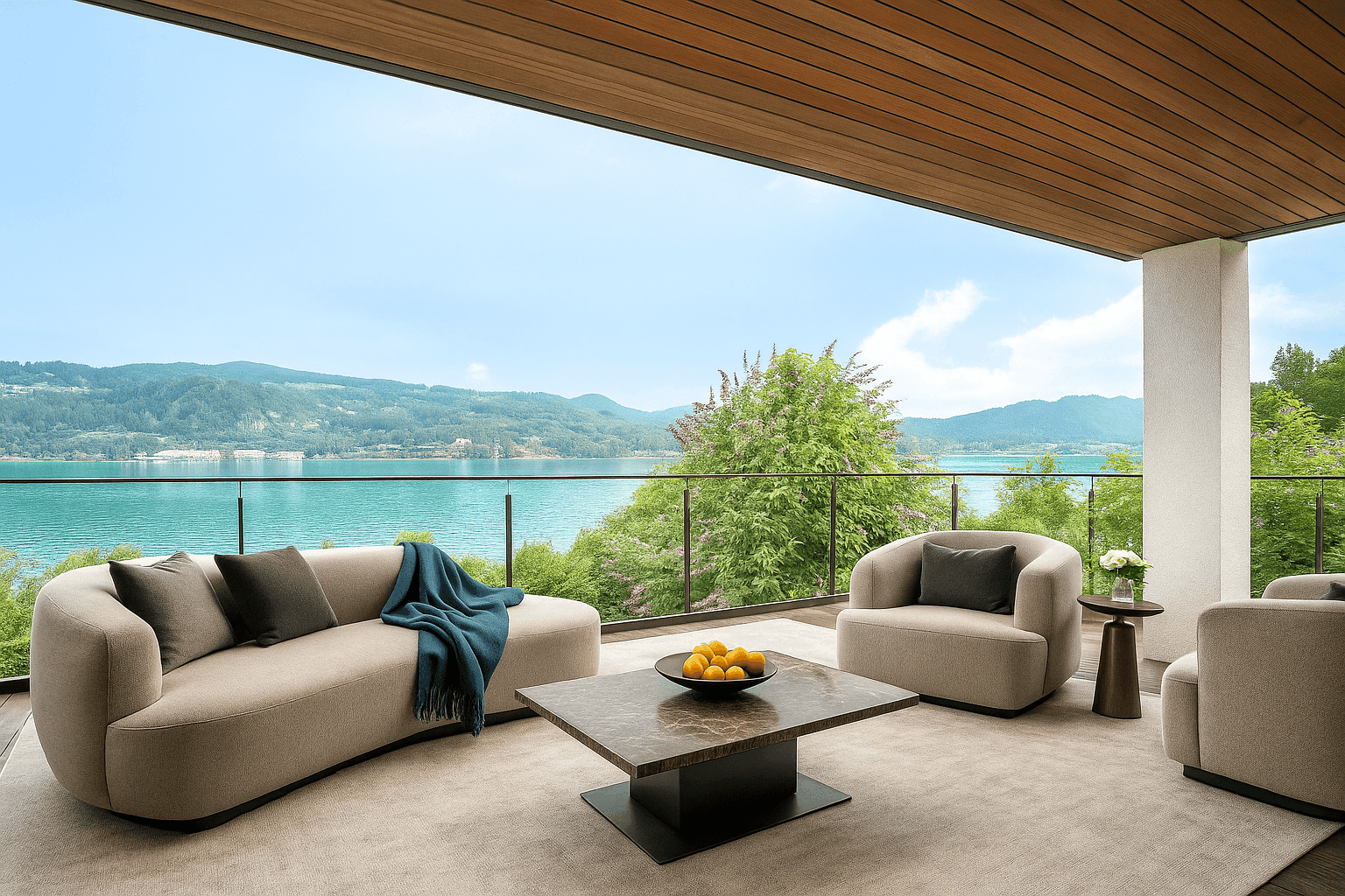 Geräumige Terrasse mit bequemen Loungemöbeln und unvergleichlichem Blick auf den See und die Berge.