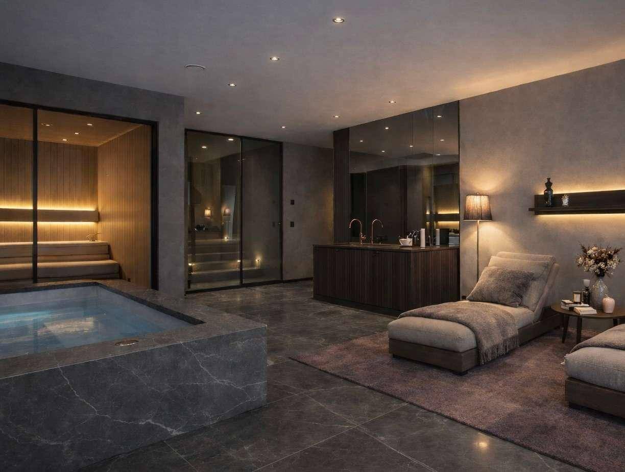 Luxuriöser Wellnessbereich mit Whirlpool, Sauna, Entspannungsliegen und moderner Beleuchtung.