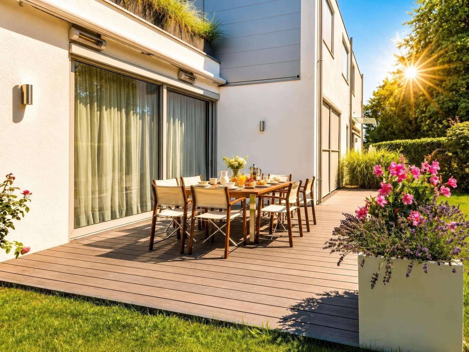 Sonnige Terrasse mit Esstisch für Mahlzeiten im Freien, umgeben von einem gepflegten Gartenbereich.