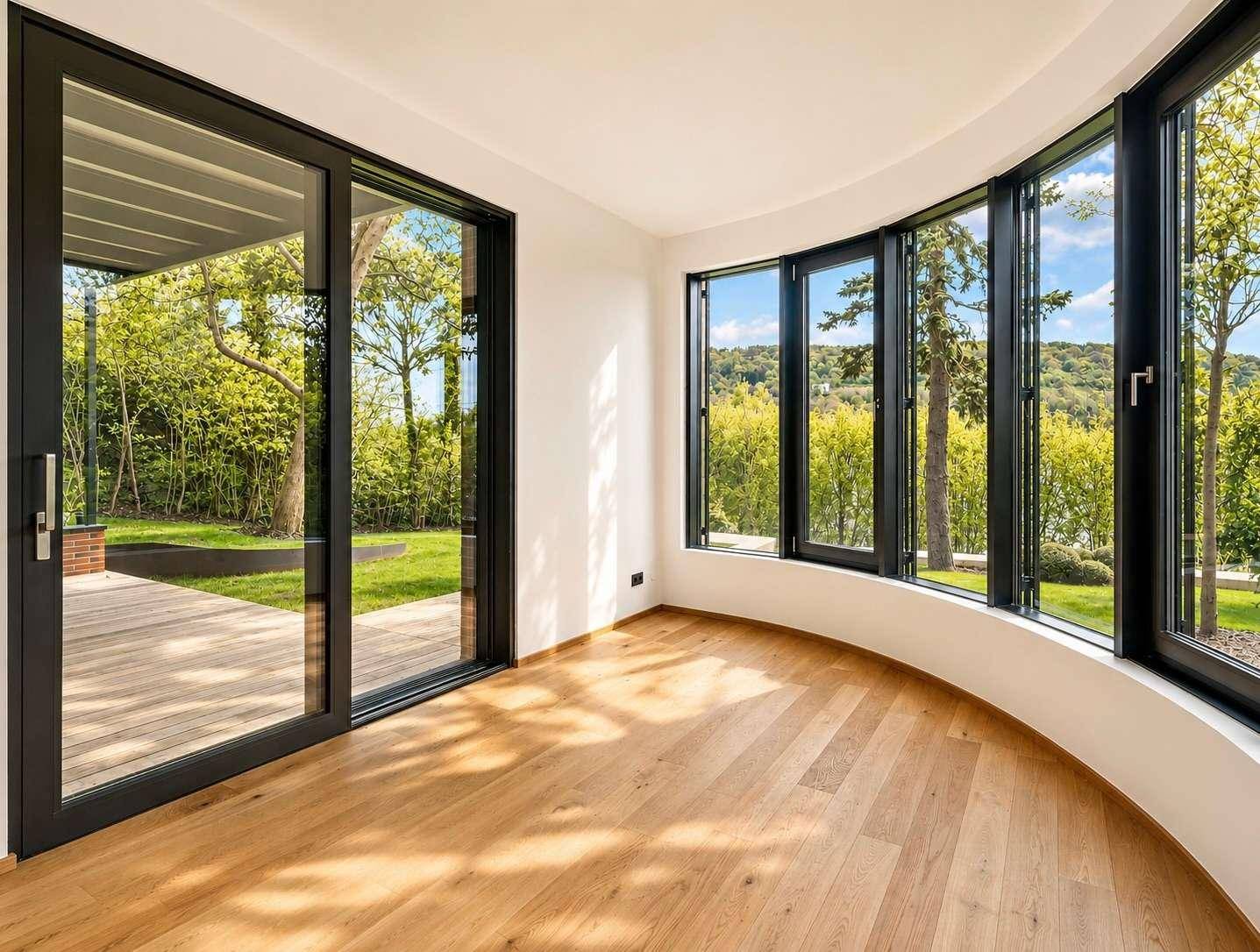 Heller Raum mit Holzboden und großen, gebogenen Fenstern, die viel Tageslicht hereinlassen und Ausblick bieten.