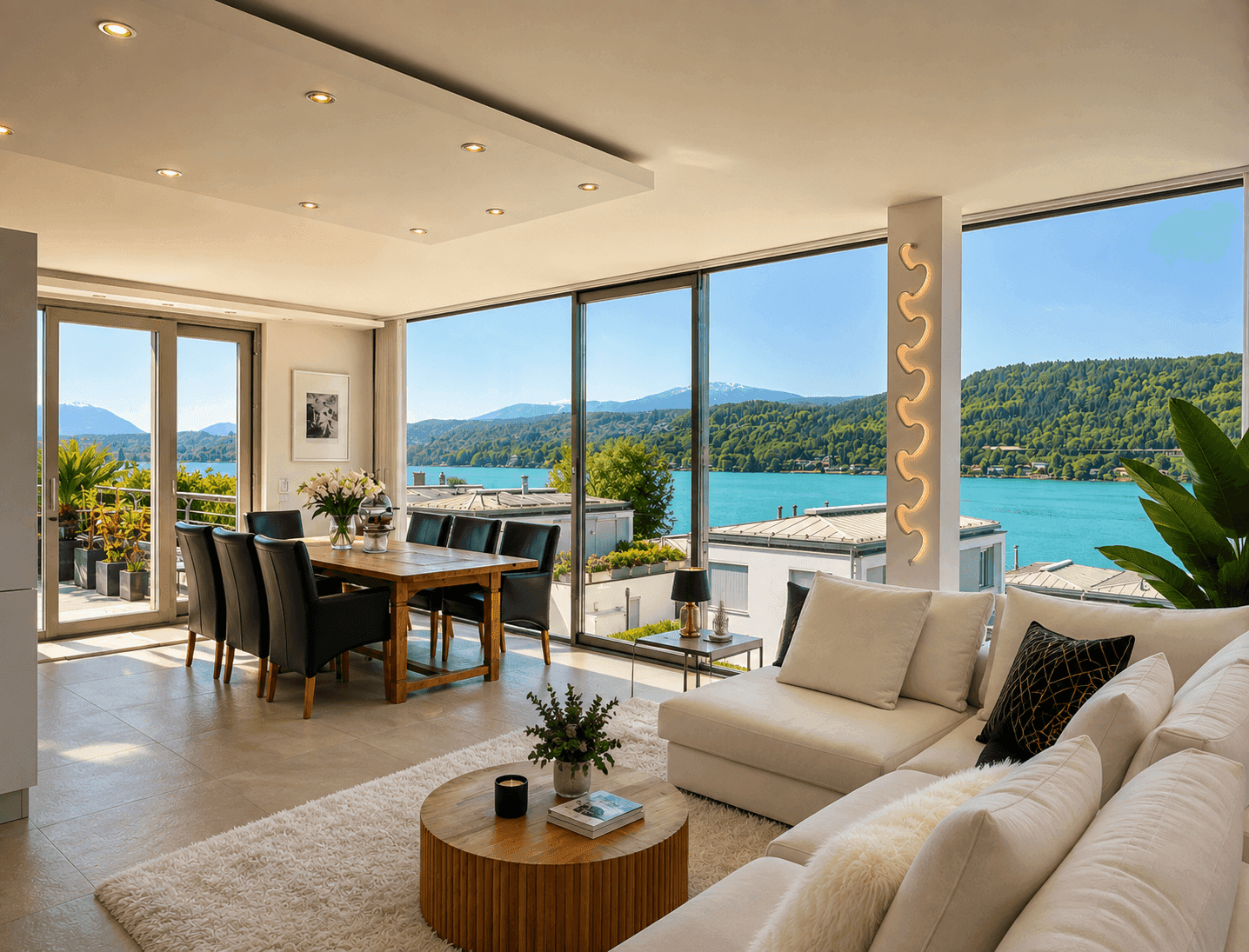 Lichtdurchfluteter Wohn- und Essbereich mit raumhohen Fenstern, die einen atemberaubenden Blick auf den See und die Berge bieten. Mit Terrassenzugang.