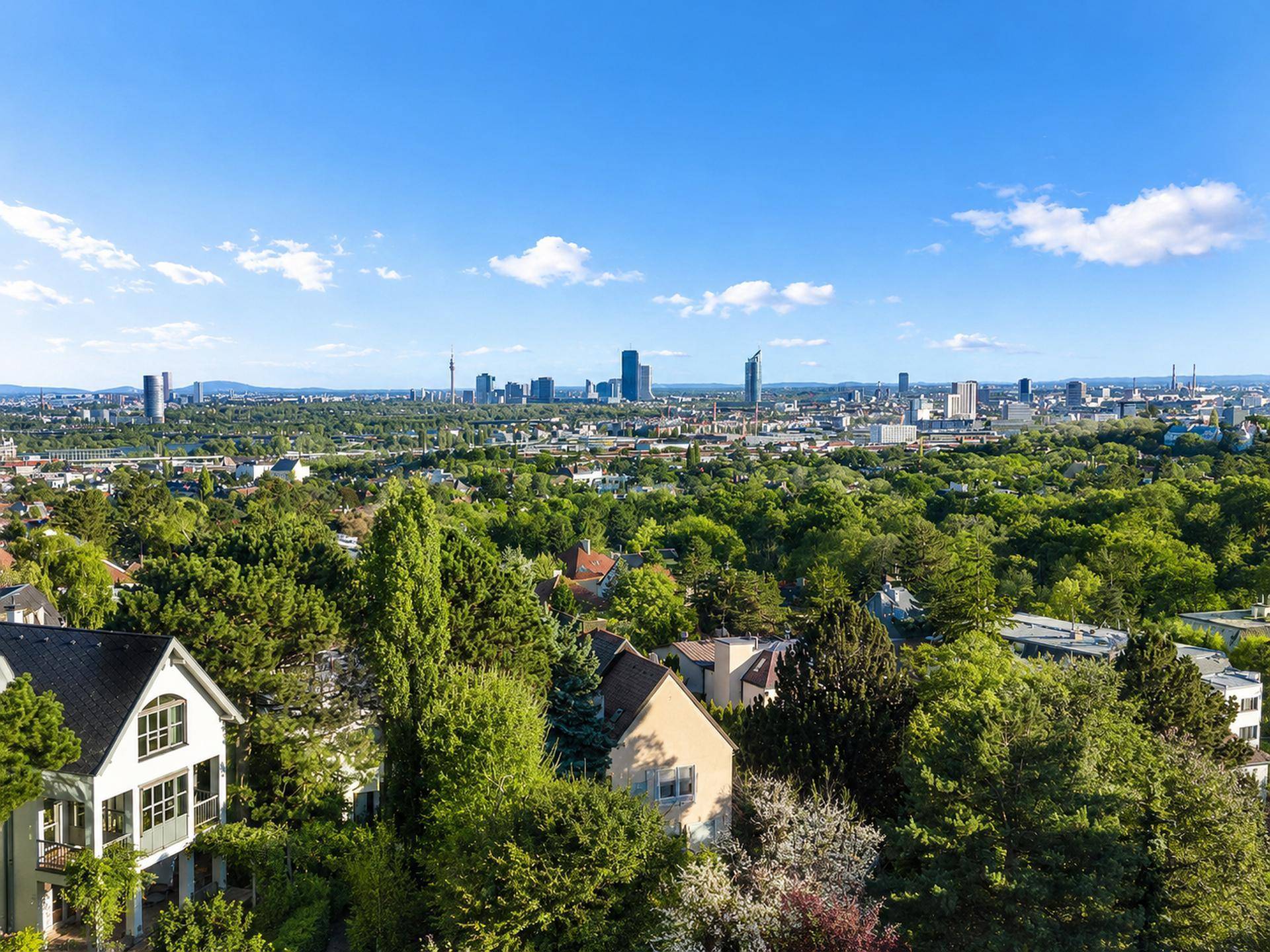 Panoramablick über eine grüne Landschaft mit Häusern und der Skyline einer fernen Stadt.