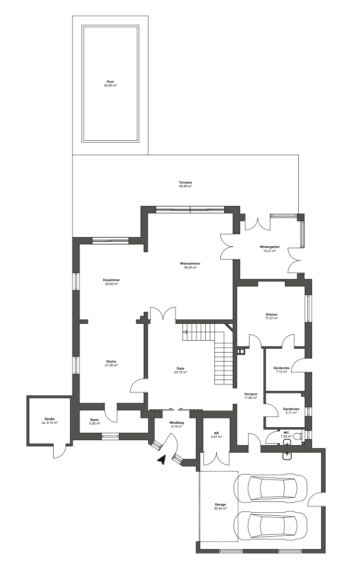 Grundriss des Erdgeschosses mit offener Küche, Wohnzimmer und Zugang zur Terrasse und zum Pool.