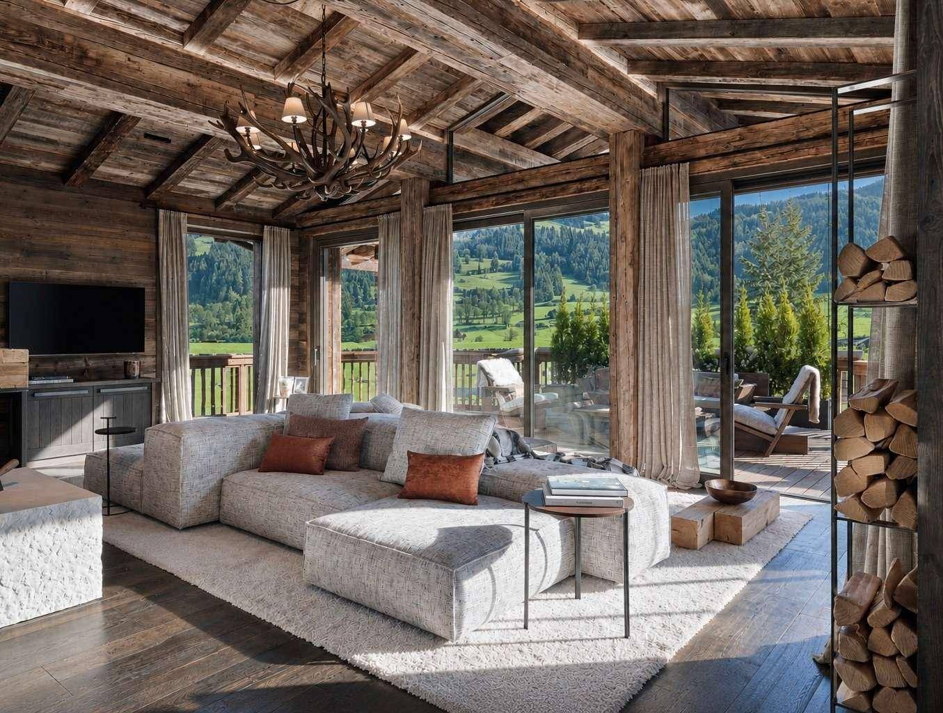 Geräumiges Wohnzimmer im alpinen Stil mit Holzbalken, großen Fenstern und Bergblick.