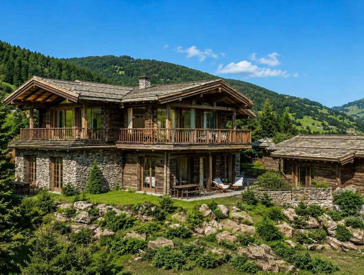 Traditionelles Holzchalet mit Steinmauern und Balkonen in einer sonnigen Berglandschaft.