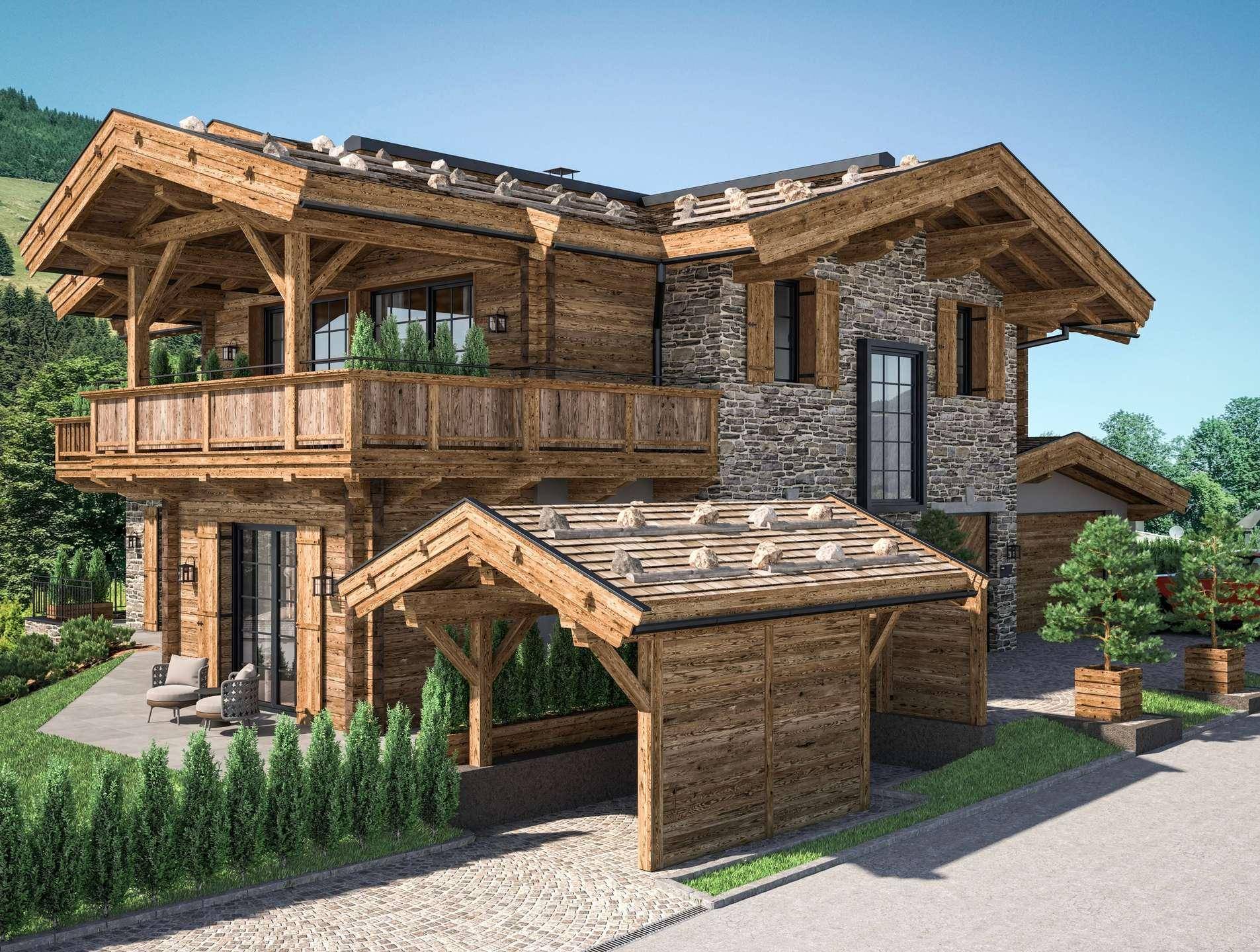 Ansicht des luxuriösen Chalets mit Carport und traditioneller Holz- und Steinfassade in alpiner Umgebung.