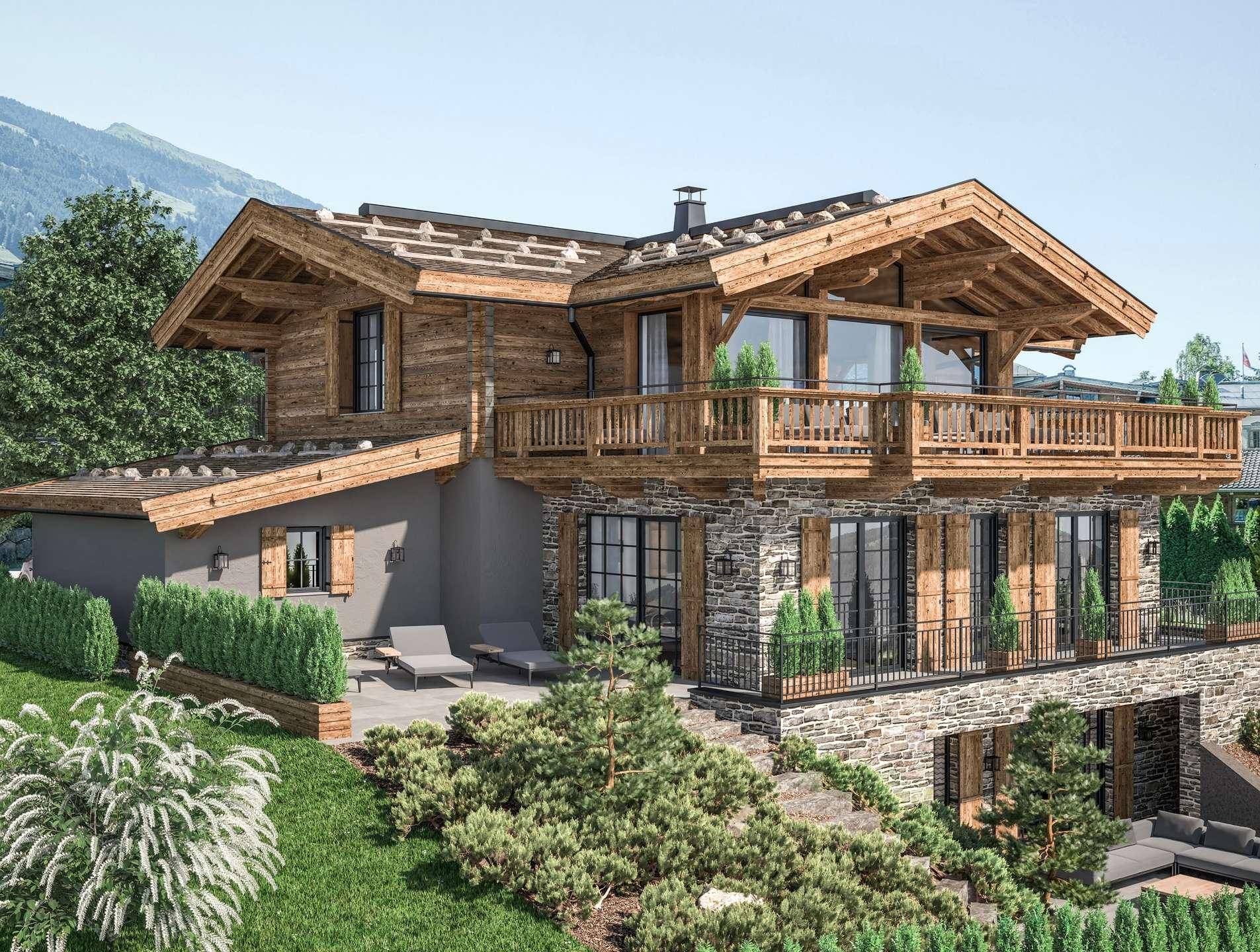 Visualisierung eines modernen Chalets mit traditionellen Elementen, Balkonen und einer kleinen Sonnenterrasse.