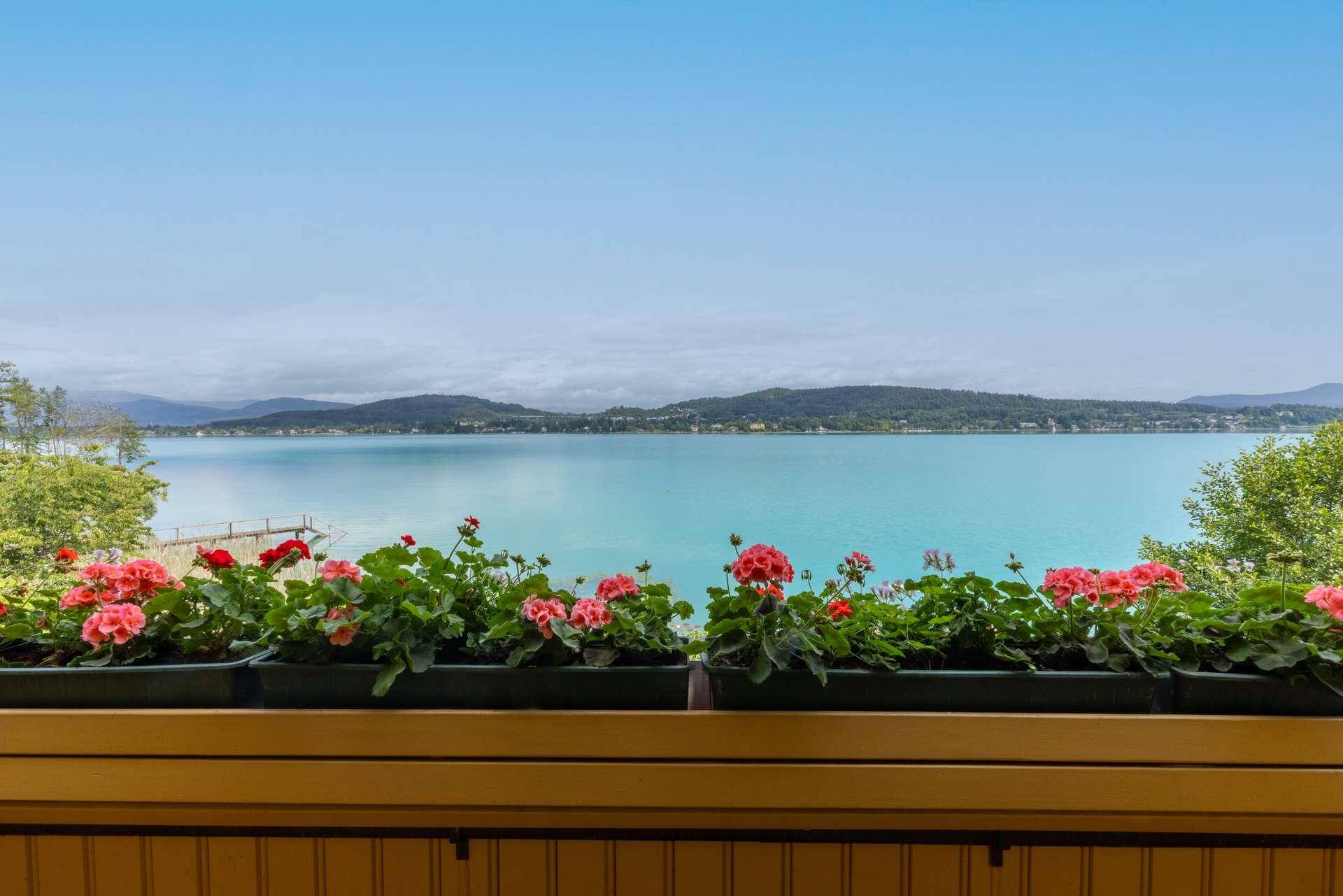Blick von einem Balkon mit roten Geranien auf den weiten, klaren See und die umliegende Landschaft.