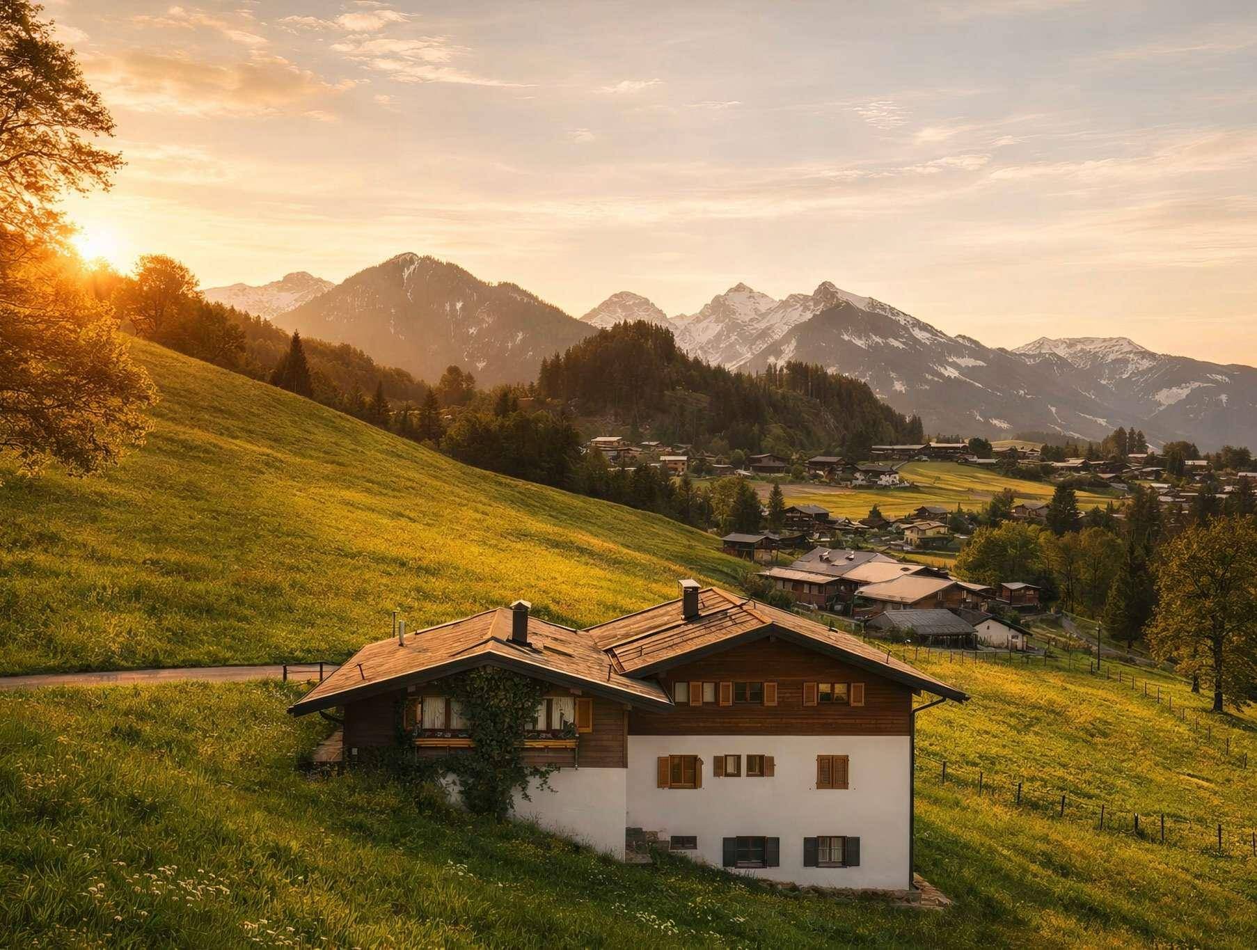 Charmantes Haus auf einem sonnigen Hügel bei Sonnenuntergang mit malerischem Bergblick.