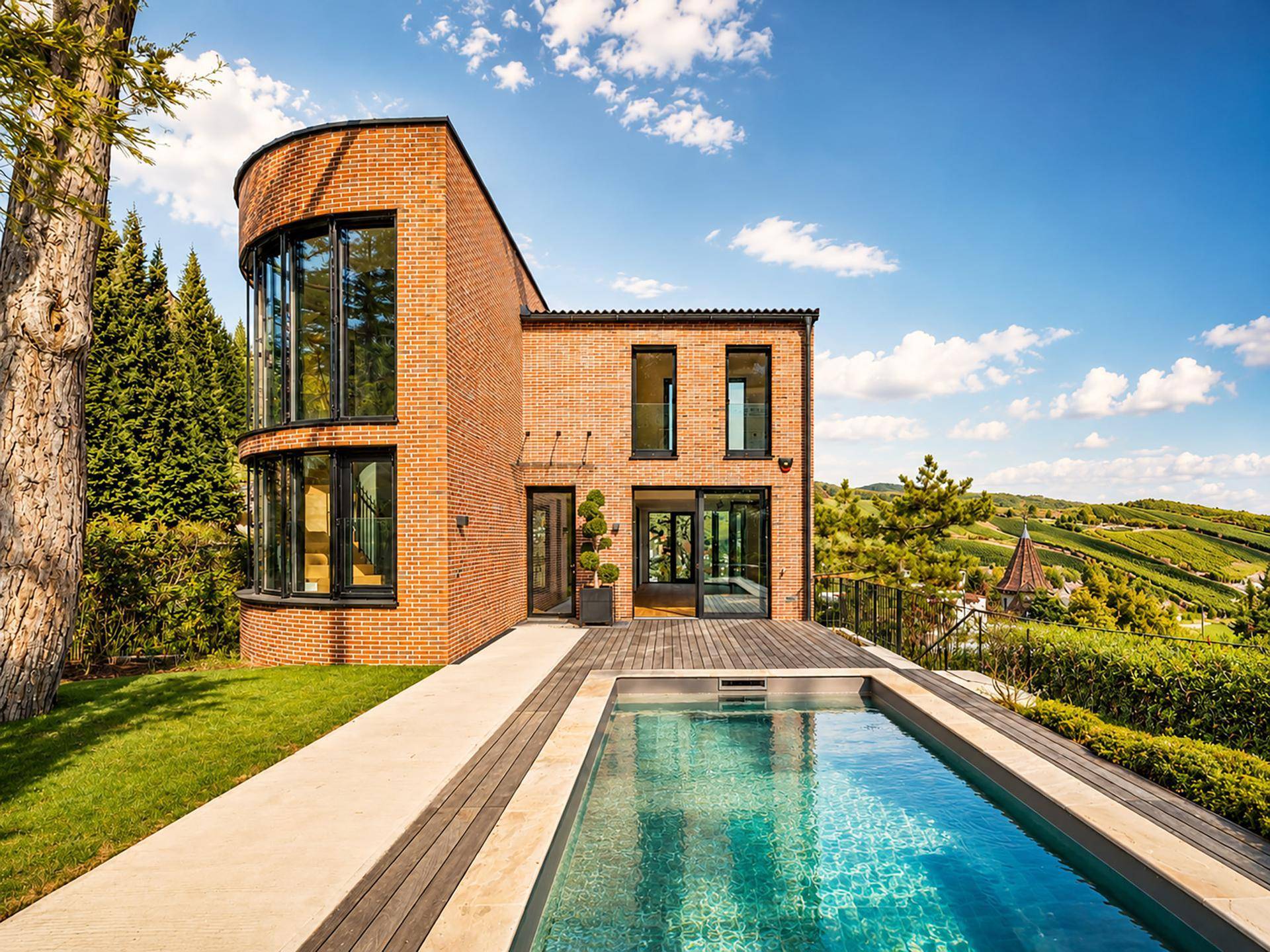Moderne Villa mit Ziegelfassade, großen Fenstern und einem eleganten Außenpool in grüner Umgebung.