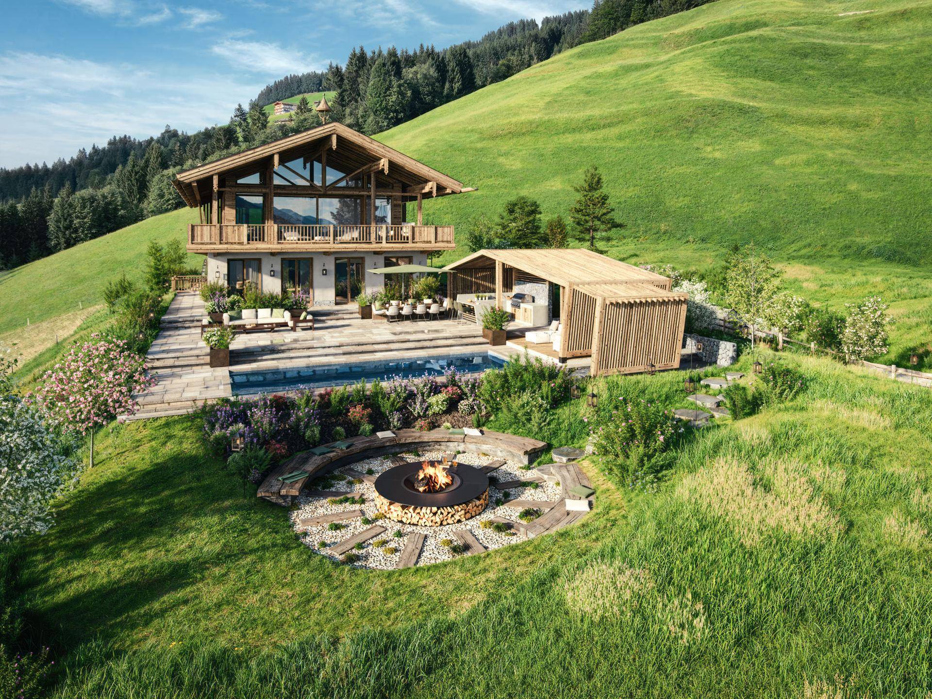 Luxuriöses Chalet mit großem Pool, einladender Feuerstelle und mehreren Terrassenbereichen.