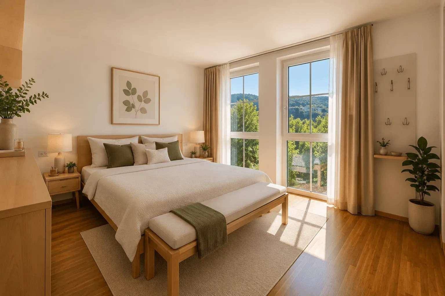 Lichtdurchflutetes Schlafzimmer mit großen Fenstern und Blick auf die grüne Landschaft.