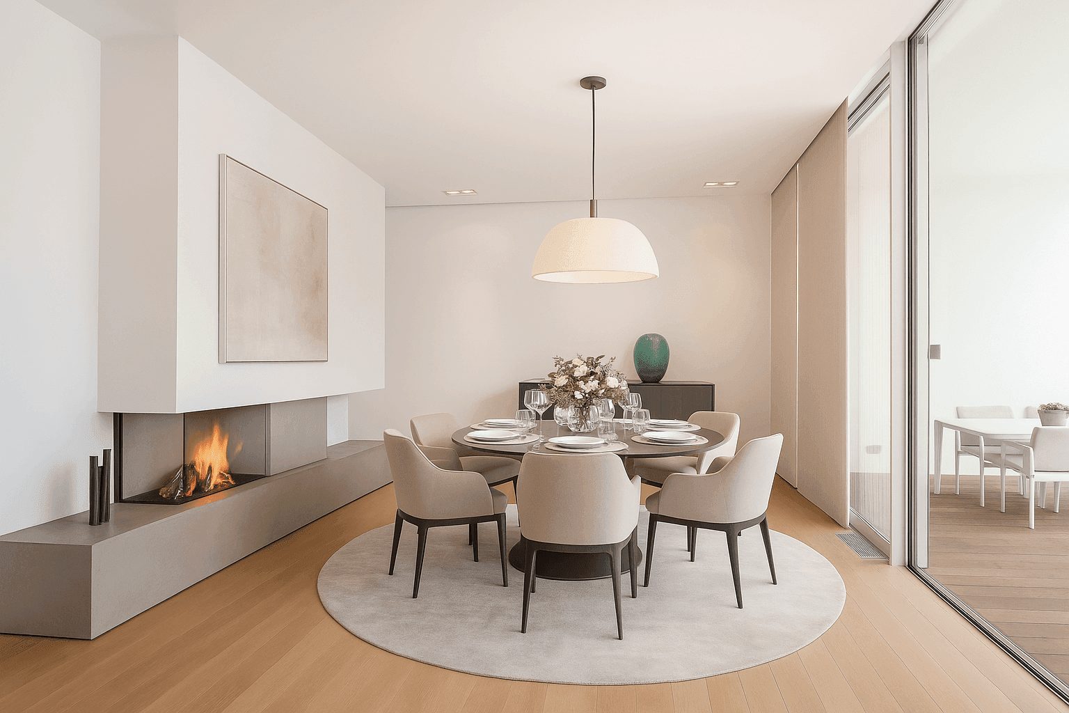 Eleganter Essbereich mit modernem Kamin, rundem Esstisch und Zugang zur Terrasse.
