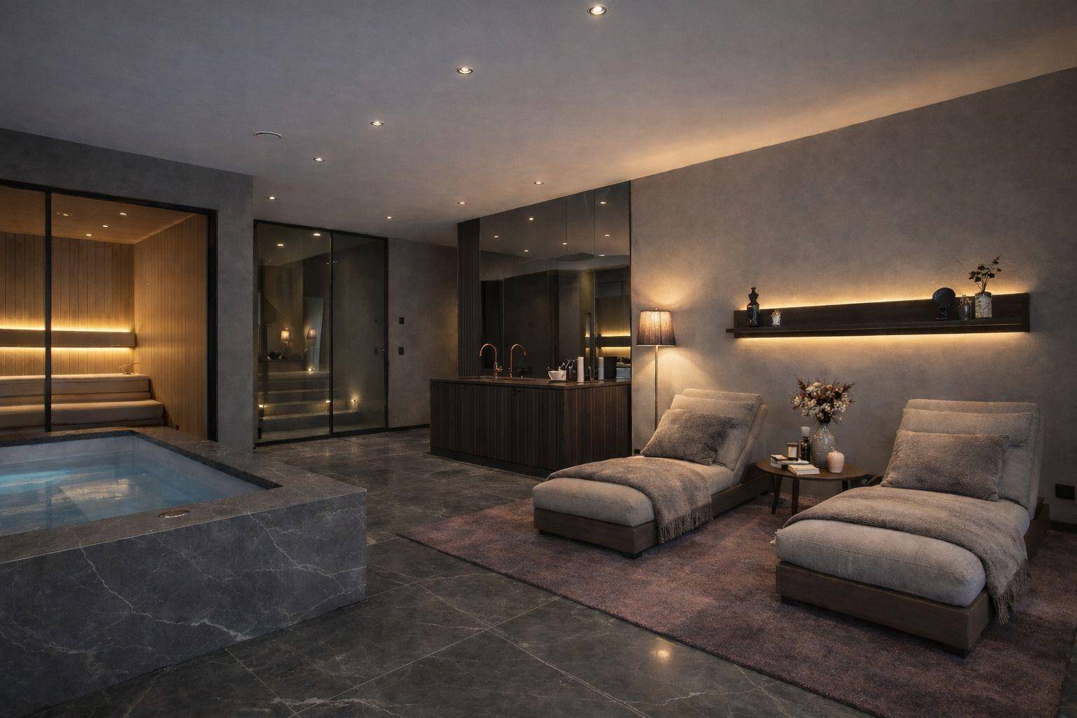 Exklusiver Wellnessbereich mit Whirlpool, Sauna, Marmorboden und stilvollen Liegeflächen zum Entspannen.
