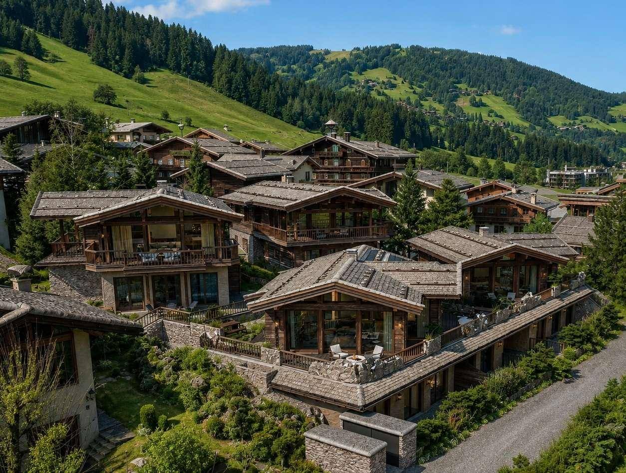 Luxuriöse Chalet-Siedlung in den Bergen, umgeben von grünen Hängen und Wäldern.