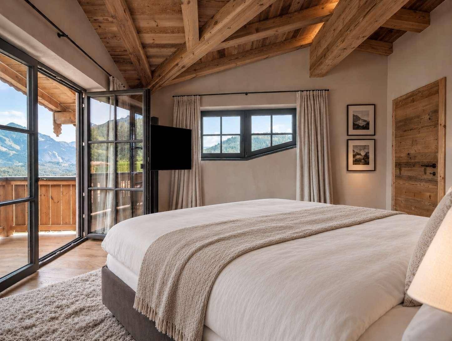 Gemütliches Schlafzimmer mit Holzbalken, Balkonzugang und Panoramablick auf die Berge.